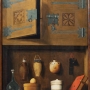 Anonyme, Allemagne du Nord, Armoire aux bouteilles et aux livres Vers 1520-1530 Huile sur bois 106 x 81 cm Colmar, musée Unterlinden © Musée Unterlinden / Christian Kempf